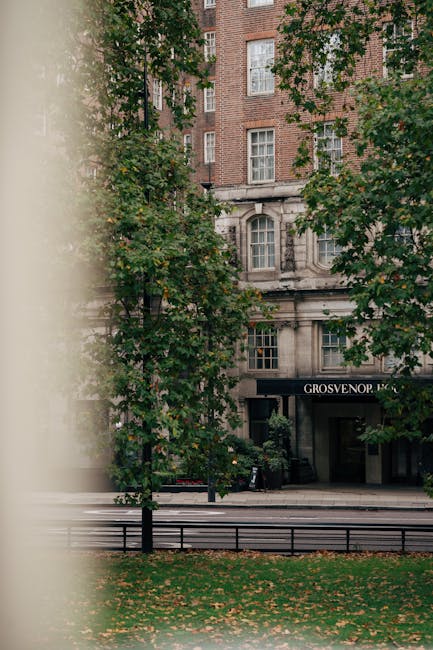Exterior view of a historic brick building on Grosvenor Square, with large multi-pane windows and a black awning displaying 'Grosvenor' signage. The scene includes lush green trees with dense foliage partially obscuring the building, and a neatly maintained grass area with fallen leaves in the foreground. The natural daylight highlights the building's stone details and the vibrant greenery, creating a peaceful urban setting. This image emphasizes the elegant architecture of Grosvenor Square, relevant for residential and commercial cleaning topics by showcasing the sophisticated environment where surfaces such as windows, exteriors, and surrounding areas may benefit from professional cleaning services by Mayfair Carpet Cleaners, especially in the context of maintaining cleanliness and presentation of flats in this prestigious area.
