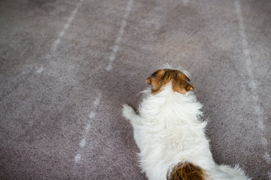 A top-down view of a beige carpeted floor in a residential setting, featuring faint white pet urine stains and discoloration caused by smoke residues. The carpet appears slightly worn and is bordered by a wooden skirting board along one wall. In the bottom right corner, part of a small dog with white and brown fur is visible, facing away from the camera. The room is illuminated by natural light, highlighting the surface texture of the carpet. This image exemplifies the necessity for professional deep cleaning and sanitisation, such as those offered by Mayfair Carpet Cleaners, to eliminate odours and restore cleanliness in homes affected by pet urine and smoke.